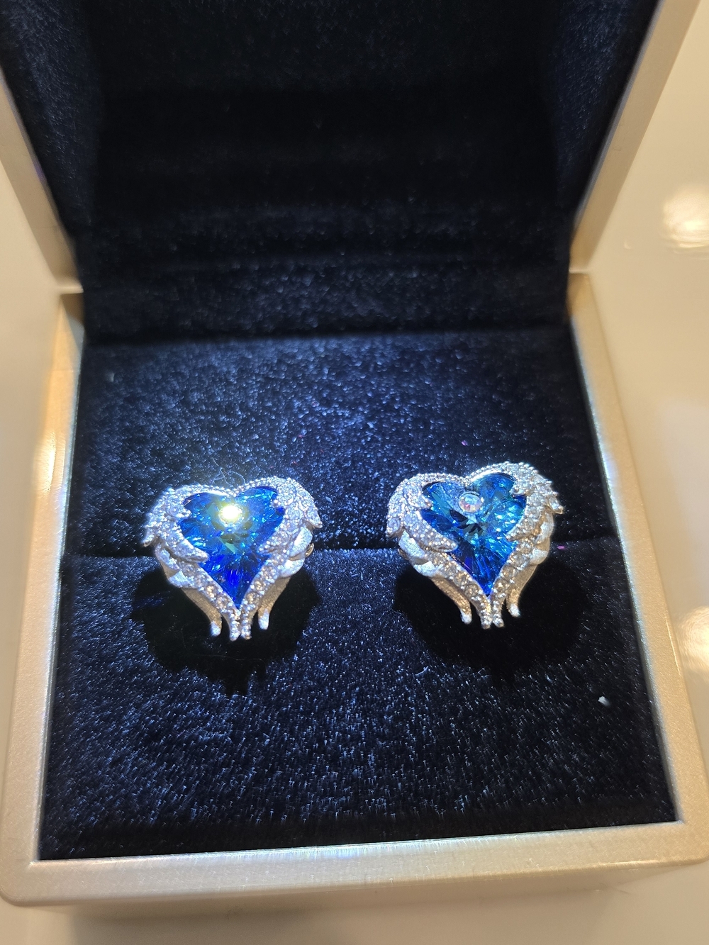 Heart-Shaped Blue Crystal Stud Earrings - Elegant Women's Jewelry